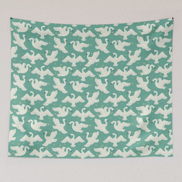 Item preview,  flying white swans and yellow stars on green background  designed and sold by burbura.