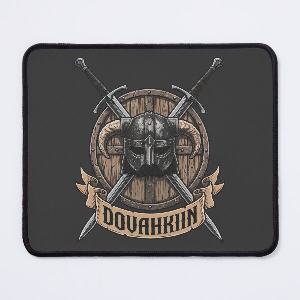 Item preview, Dovahkiin - Skyrim Dragonborn Horned Helmet and Crossed Swords Fantasy Art designed and sold by Overlord Kingdom.