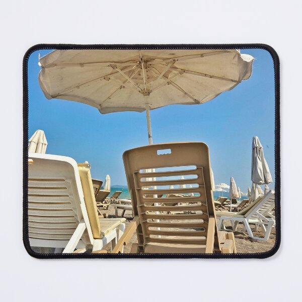 Item preview, Open White Beach Umbrella Over Sunbeds designed and sold by Anastasia Kaneva.
