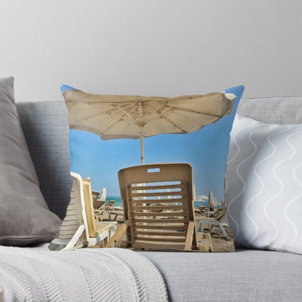 Item preview, Open White Beach Umbrella Over Sunbeds designed and sold by Anastasia Kaneva.