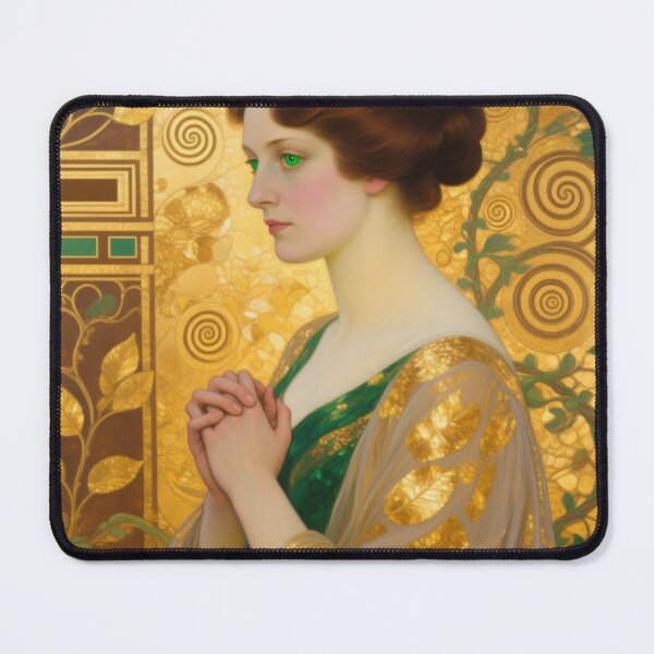 Item preview, Gustav Klimt art Nouveau style Emerald woman Portrait Gold Tapestry art designed and sold by Vintage Designs +.