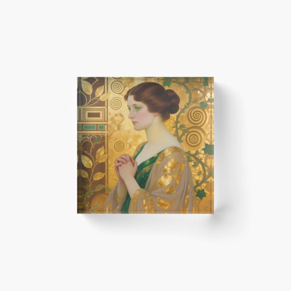Item preview, Gustav Klimt art Nouveau style Emerald woman Portrait Gold Tapestry art designed and sold by Vintage Designs +.