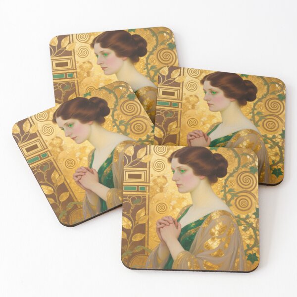 Item preview, Gustav Klimt art Nouveau style Emerald woman Portrait Gold Tapestry art designed and sold by Vintage Designs +.