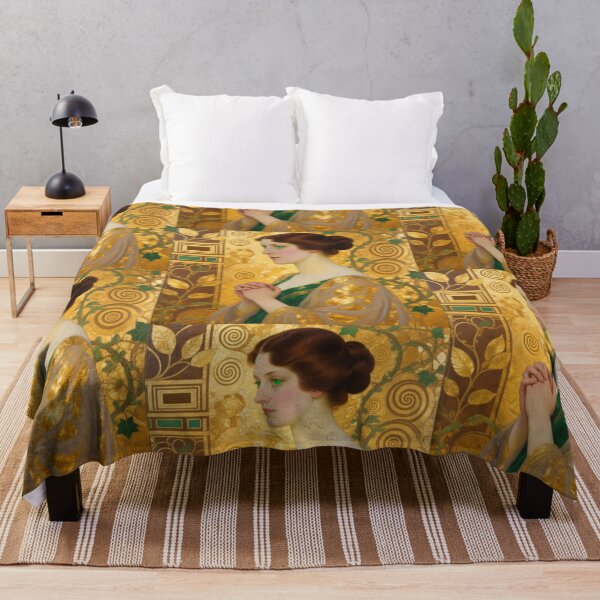 Item preview, Gustav Klimt art Nouveau style Emerald woman Portrait Gold Tapestry art designed and sold by Vintage Designs +.