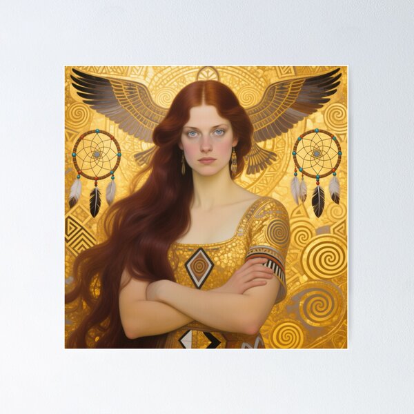 Item preview, Gustav Klimt art Nouveau style Brunette woman spiritual eagle with dream catchers designed and sold by Vintage Designs +.