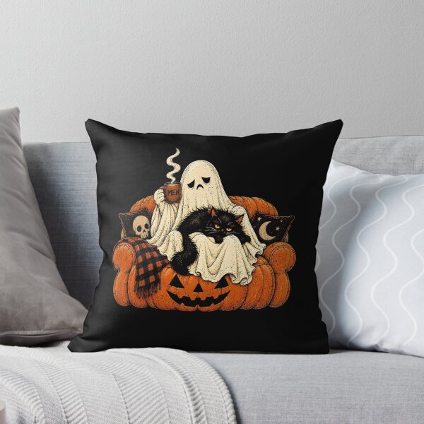Item preview, Meh Ghost Sitting On Pumpkin Armchair Cute Fluffy Cat  designed and sold by elongatedjazz.