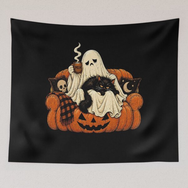 Item preview, Meh Ghost Sitting On Pumpkin Armchair Cute Fluffy Cat  designed and sold by elongatedjazz.
