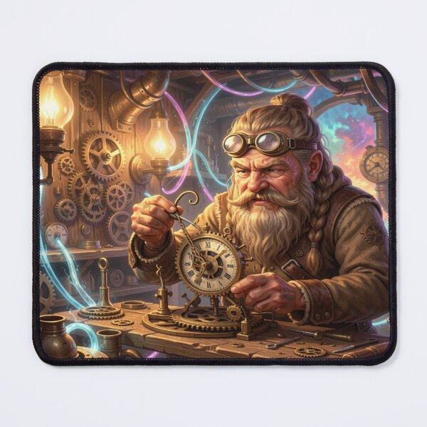 Item preview, Mystical Dwarf Tinkerer in Steampunk Workshop with Gears, Tools and Glowing Energy Conduits designed and sold by FotoworldEdel.