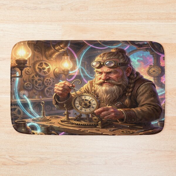 Item preview, Mystical Dwarf Tinkerer in Steampunk Workshop with Gears, Tools and Glowing Energy Conduits designed and sold by FotoworldEdel.