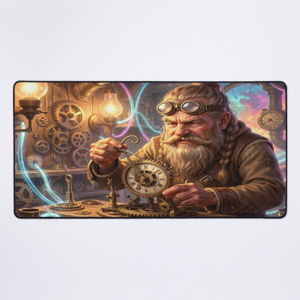 Item preview, Mystical Dwarf Tinkerer in Steampunk Workshop with Gears, Tools and Glowing Energy Conduits designed and sold by FotoworldEdel.