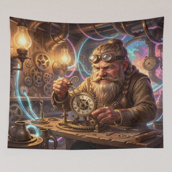 Item preview, Mystical Dwarf Tinkerer in Steampunk Workshop with Gears, Tools and Glowing Energy Conduits designed and sold by FotoworldEdel.