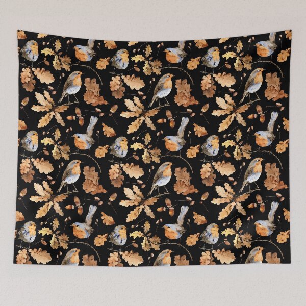 Item preview, Autumn Robin and Woodland Leaves Cottagecore Pattern designed and sold by FestivityFinds.