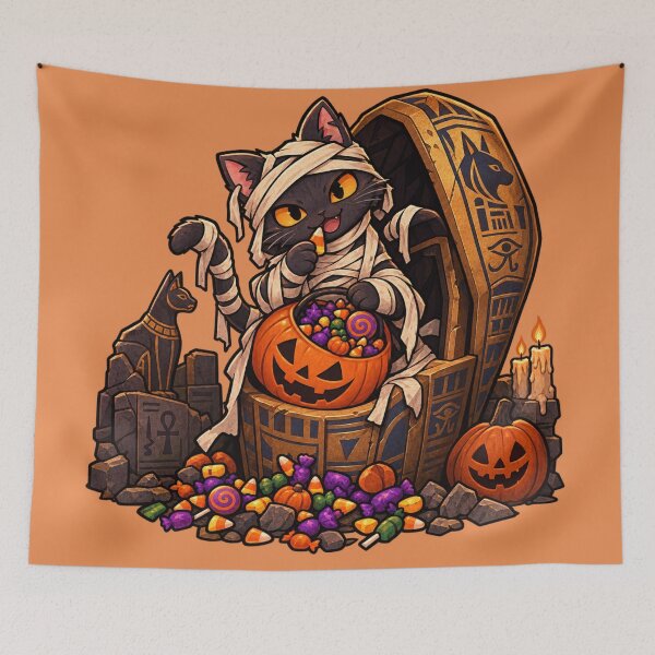 Item preview, Spooky Mummy Kitty with Halloween Candies & Jack O'Lantern designed and sold by MythoWorldddd.