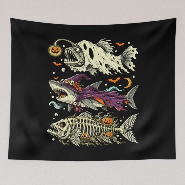Item preview, Halloween Fish Spooky Ocean Anglerfish Ghost Witch Shark Skeleton designed and sold by schoolofbullies.