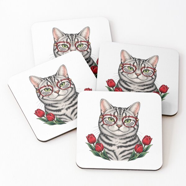 Item preview, Silver Tabby Cat with Red Aviator Glasses  designed and sold by Old's Cool Cat Studio.
