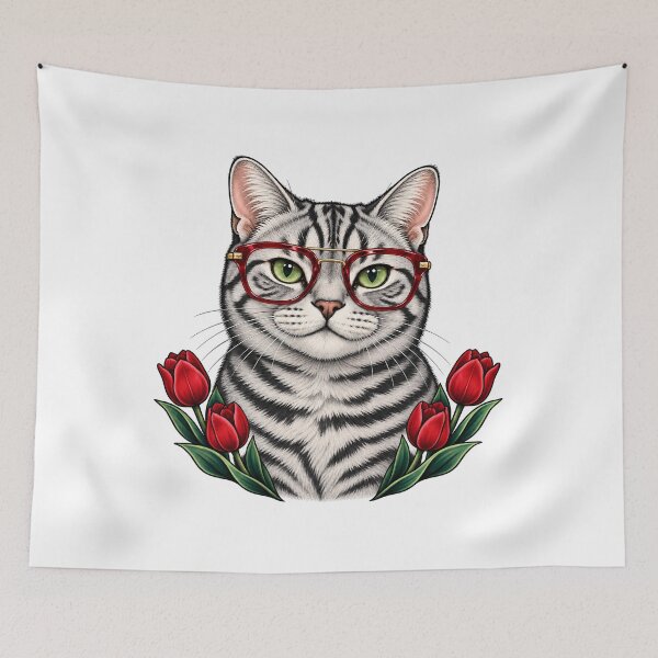 Item preview, Silver Tabby Cat with Red Aviator Glasses  designed and sold by Old's Cool Cat Studio.