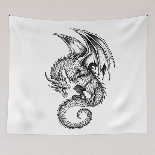 Item preview, Spiked Shoulder Dragon - Mirrored Fire Breath Ink Illustration designed and sold by DragonSerpent Ink.