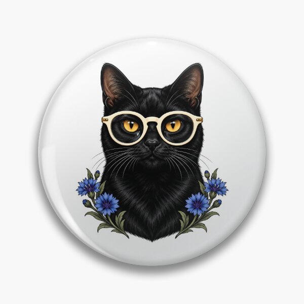 Item preview, Black Cat with White Glasses and Cornflowers  designed and sold by Old's Cool Cat Studio.