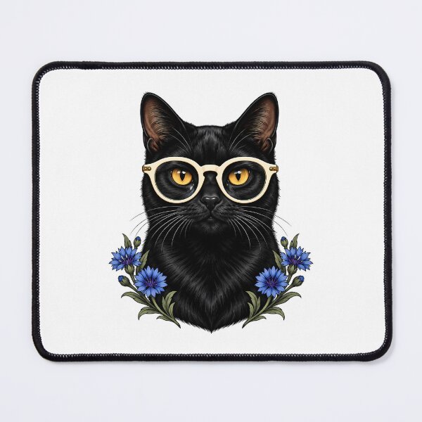 Item preview, Black Cat with White Glasses and Cornflowers designed and sold by Old's Cool Cat Studio.