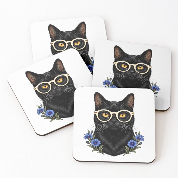 Item preview, Black Cat with White Glasses and Cornflowers  designed and sold by Old's Cool Cat Studio.