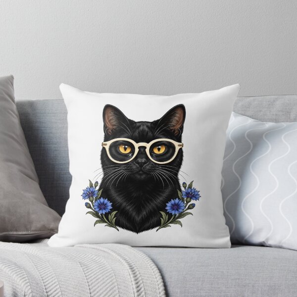 Item preview, Black Cat with White Glasses and Cornflowers  designed and sold by Old's Cool Cat Studio.