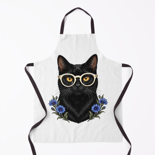 Item preview, Black Cat with White Glasses and Cornflowers  designed and sold by Old's Cool Cat Studio.