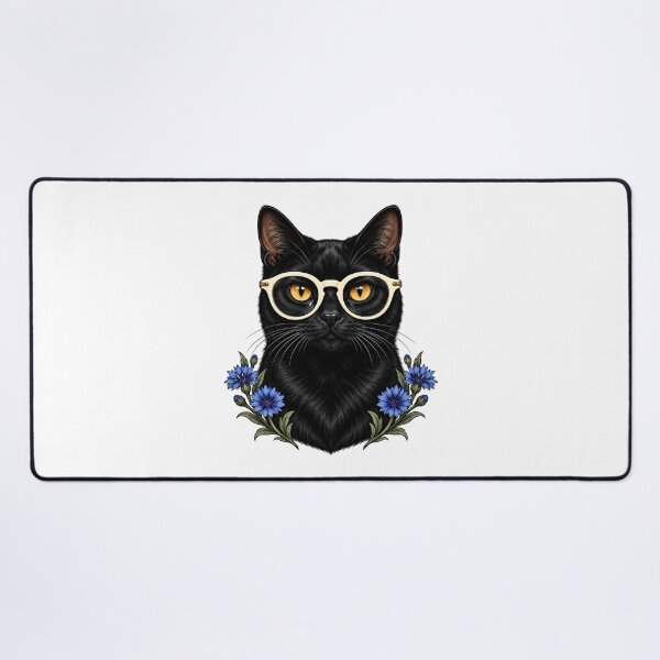Item preview, Black Cat with White Glasses and Cornflowers designed and sold by Old's Cool Cat Studio.