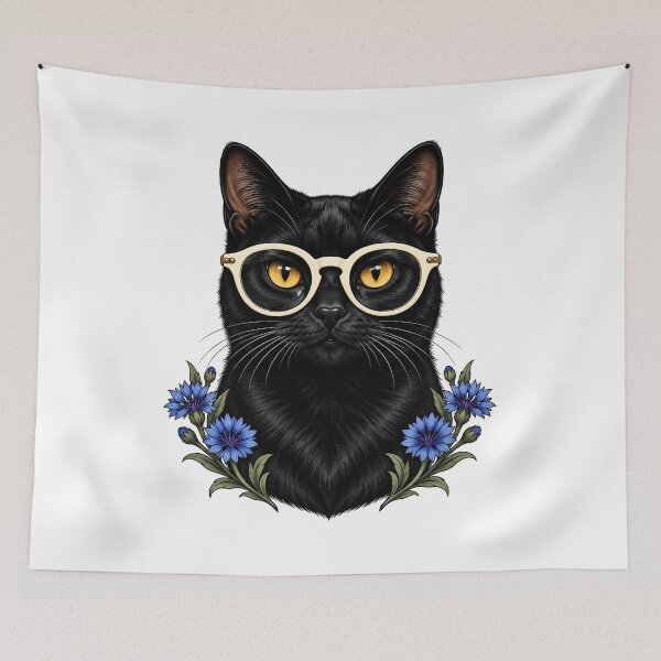 Item preview, Black Cat with White Glasses and Cornflowers  designed and sold by Old's Cool Cat Studio.