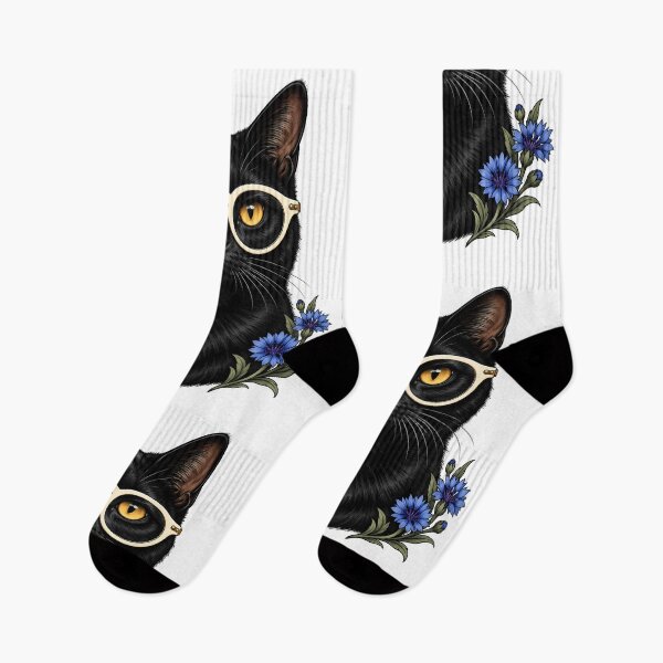 Item preview, Black Cat with White Glasses and Cornflowers  designed and sold by Old's Cool Cat Studio.