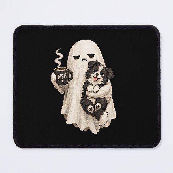 Item preview, grumpy ghost holding black pug dog meh coffee cup halloween  designed and sold by 3INEKMIZAN.