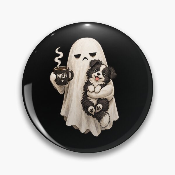 Item preview, grumpy ghost holding black pug dog meh coffee cup halloween  designed and sold by 3INEKMIZAN.