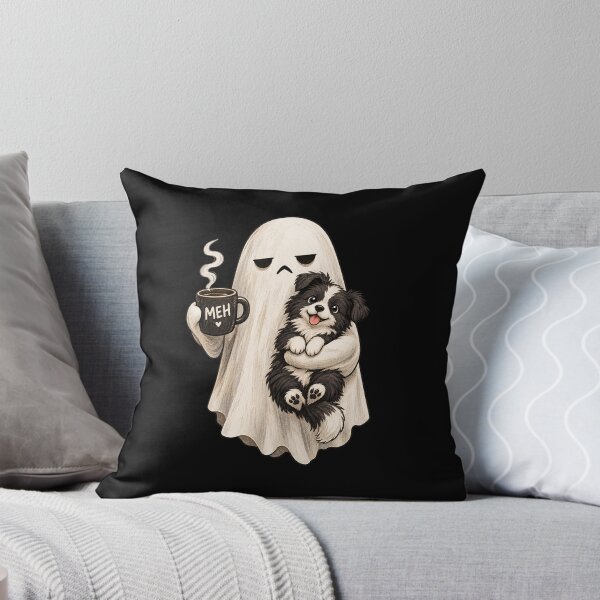 Item preview, grumpy ghost holding black pug dog meh coffee cup halloween  designed and sold by 3INEKMIZAN.