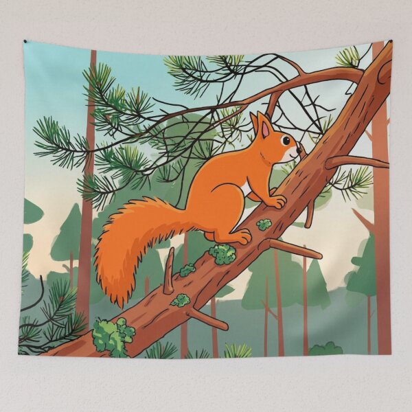 Item preview, Playful Red Squirrel on Pine Tree Illustration designed and sold by BLUESKY11a.