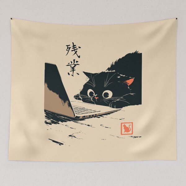 Item preview, Overtime Black Cat Peeking Laptop Japanese Retro designed and sold by mustbewhy.