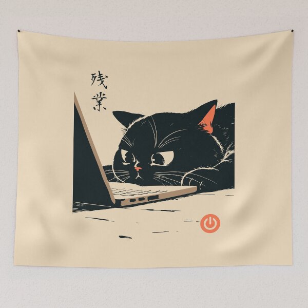 Item preview, Late Night Work Black Cat Laptop Japanese Aesthetic designed and sold by mustbewhy.