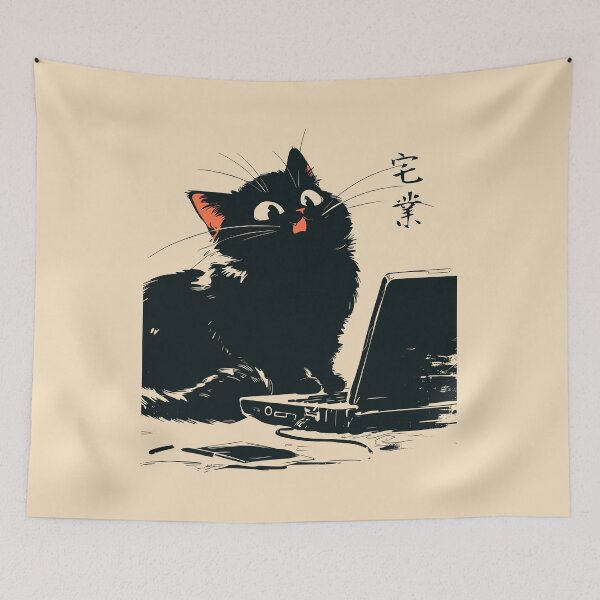 Item preview, WFH Office Humor Black Cat Laptop Japanese Retro designed and sold by mustbewhy.