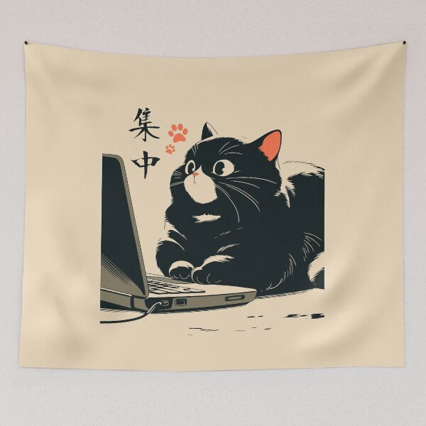 Item preview, Focused Black Cat Staring Laptop Screen Japanese designed and sold by mustbewhy.