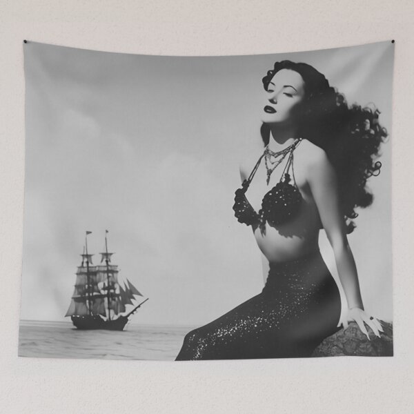 Item preview, Neptune's Daughter, Queen of the sea ocean mermaid shipwrecked on island vintage black and white photographic art print designed and sold by Astrid Arkhangelsky.