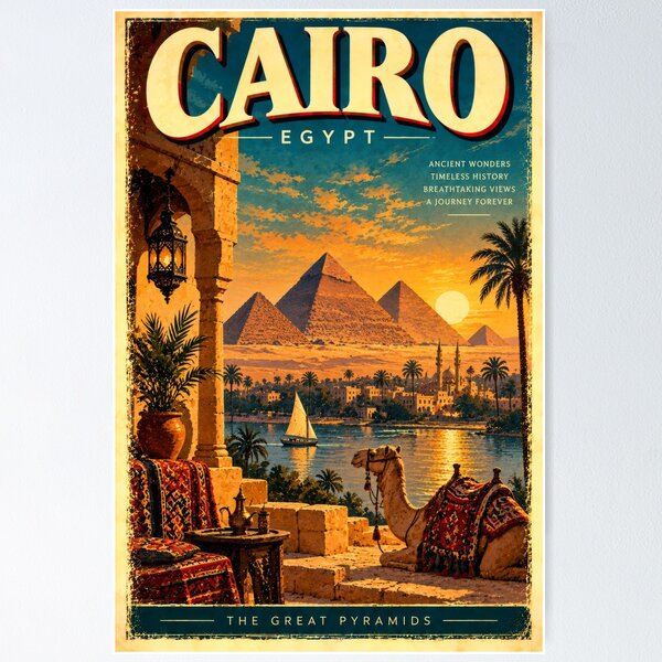 Item preview, Cairo Egypt Great Pyramids Travel Poster – Retro Vintage Egyptian Art designed and sold by RockitBaby.