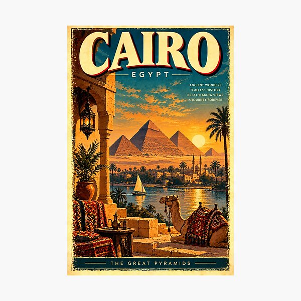 Item preview, Cairo Egypt Great Pyramids Travel Poster – Retro Vintage Egyptian Art designed and sold by RockitBaby.