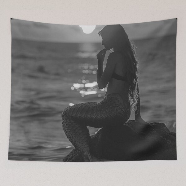 Item preview, Venus of the South Seas mermaid at sunset nautical ocean vintage black and white photographic art print designed and sold by Astrid Arkhangelsky.
