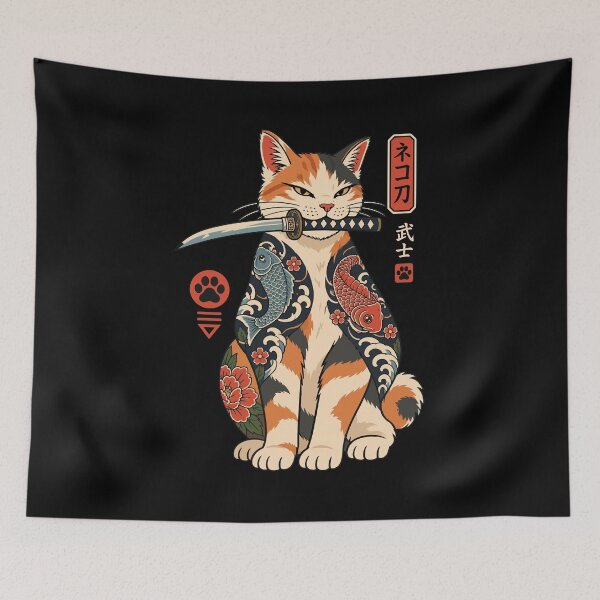 Item preview, Japanese Bobtail Samurai Cat | Japanese Tattoo Koi Cat Art | Vintage Ukiyo-e Warrior designed and sold by Leeded.