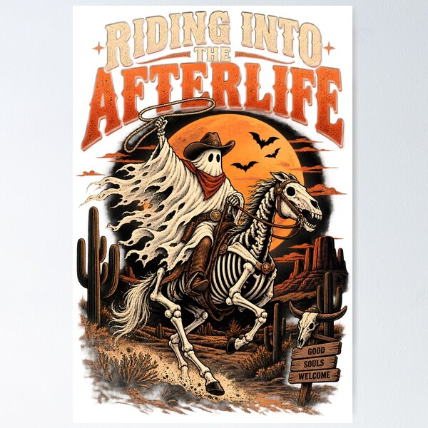 Item preview, Riding Into The Afterlife Ghost Cowboy Skeleton Horse Retro Western Halloween designed and sold by suthee navakul.