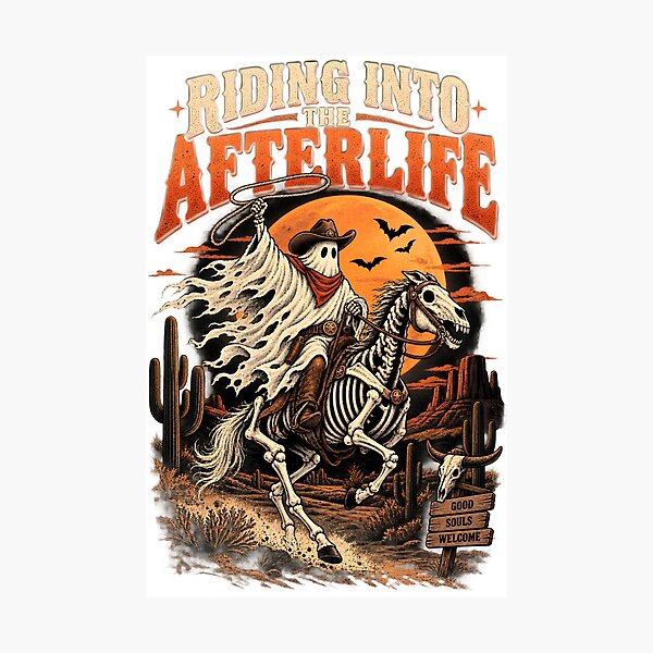Item preview, Riding Into The Afterlife Ghost Cowboy Skeleton Horse Retro Western Halloween designed and sold by suthee navakul.