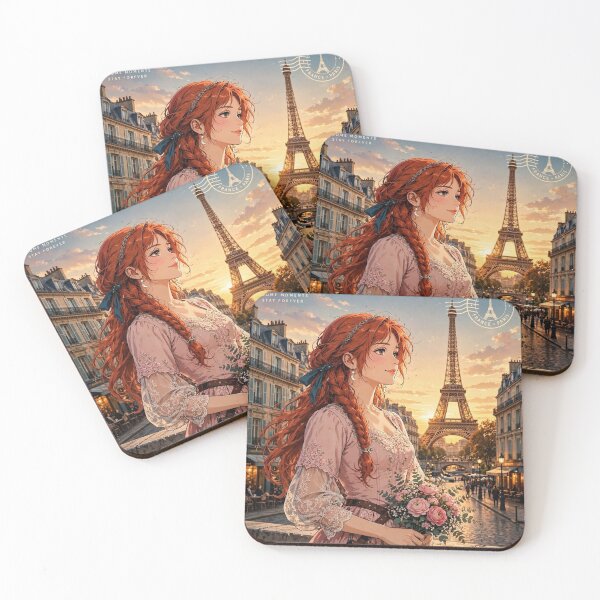 Item preview, France Paris Eiffel Tower with an Enchanting Redhead Traveler in a Romantic Pink Dress, Golden Sunset and Elegant Parisian Cityscape designed and sold by DibujandoPorfa.