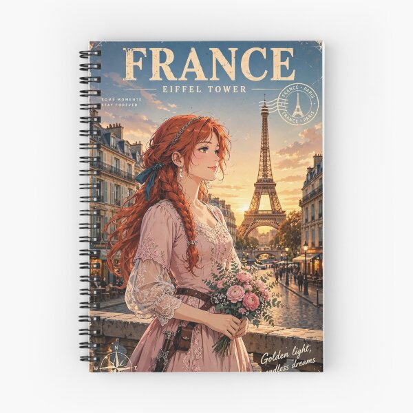 Item preview, France Paris Eiffel Tower with an Enchanting Redhead Traveler in a Romantic Pink Dress, Golden Sunset and Elegant Parisian Cityscape designed and sold by DibujandoPorfa.