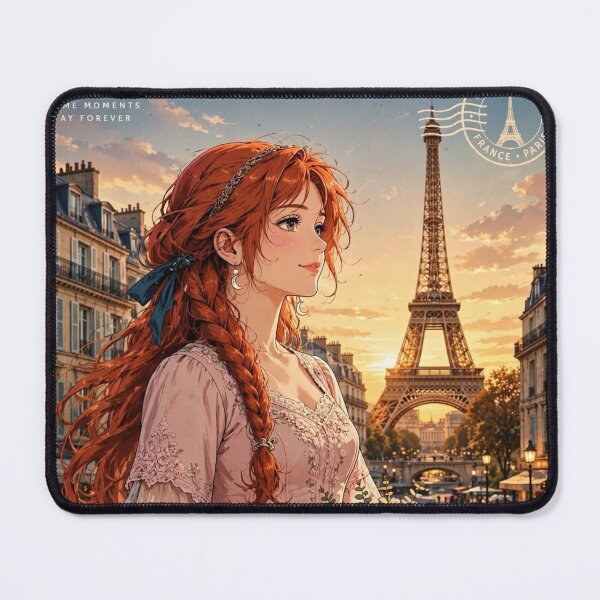 Item preview, France Paris Eiffel Tower with an Enchanting Redhead Traveler in a Romantic Pink Dress, Golden Sunset and Elegant Parisian Cityscape designed and sold by DibujandoPorfa.