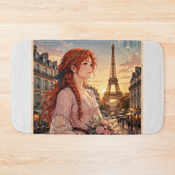 Item preview, France Paris Eiffel Tower with an Enchanting Redhead Traveler in a Romantic Pink Dress, Golden Sunset and Elegant Parisian Cityscape designed and sold by DibujandoPorfa.