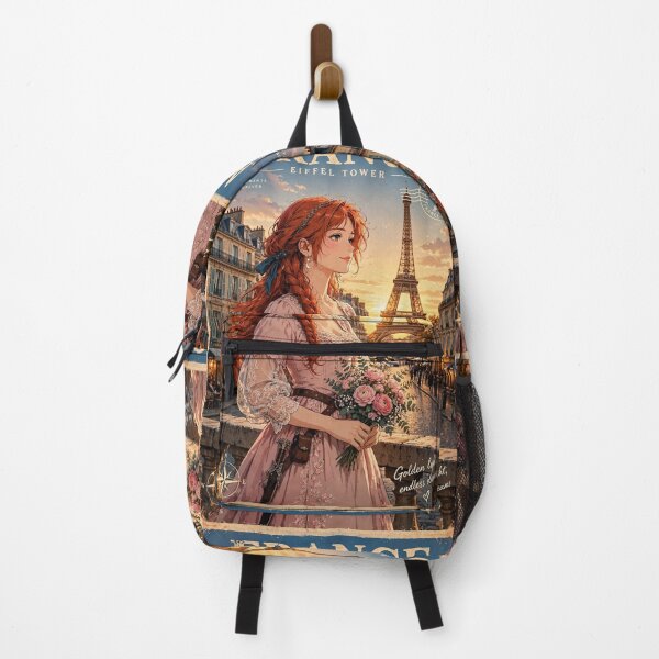 Item preview, France Paris Eiffel Tower with an Enchanting Redhead Traveler in a Romantic Pink Dress, Golden Sunset and Elegant Parisian Cityscape designed and sold by DibujandoPorfa.