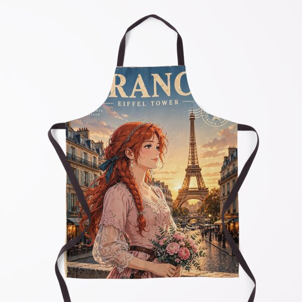 Item preview, France Paris Eiffel Tower with an Enchanting Redhead Traveler in a Romantic Pink Dress, Golden Sunset and Elegant Parisian Cityscape designed and sold by DibujandoPorfa.